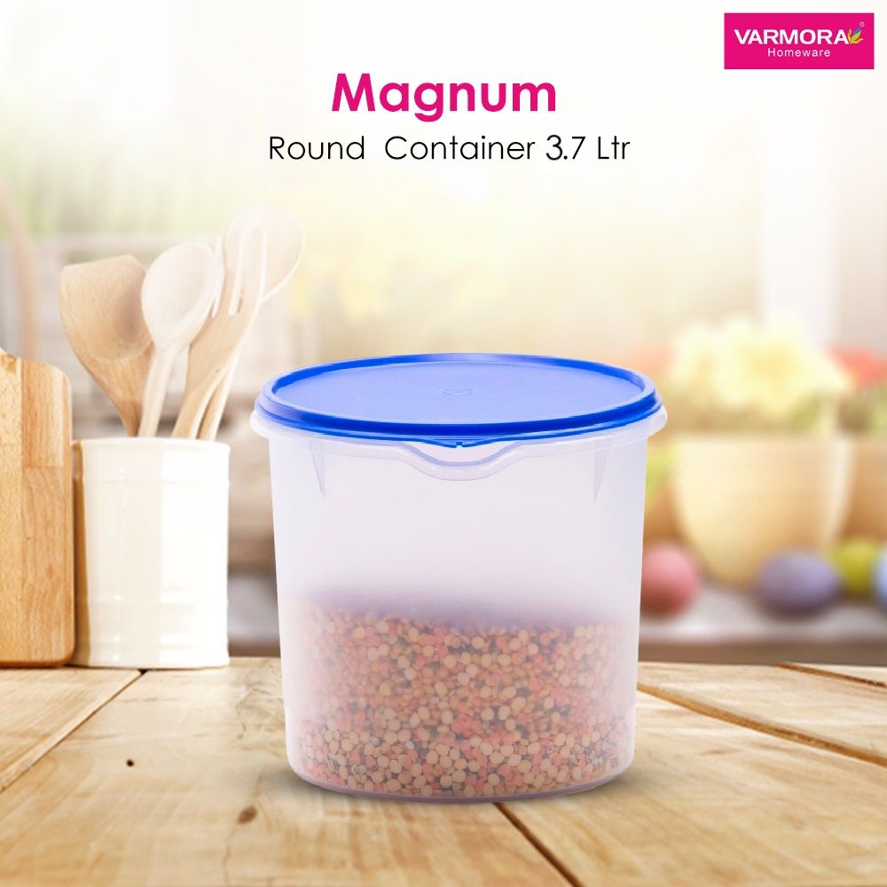 Varmora Magnum Round Plastic Storage Storage Container Transparent Air-Tight 3700ml- Blue