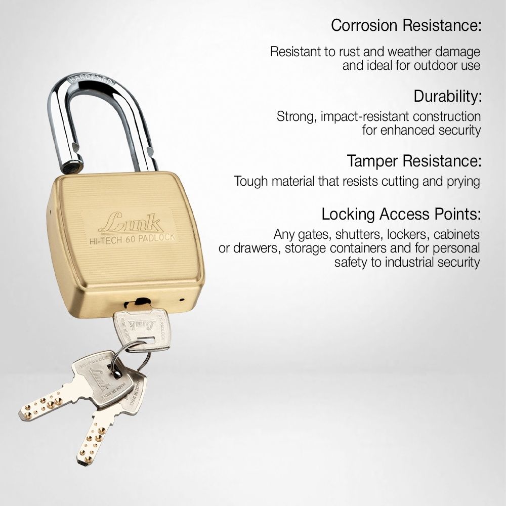 Link Brass Double Lock HT-60mm Padlock with Hardened Shackle & 3 Hi-Tech Keys