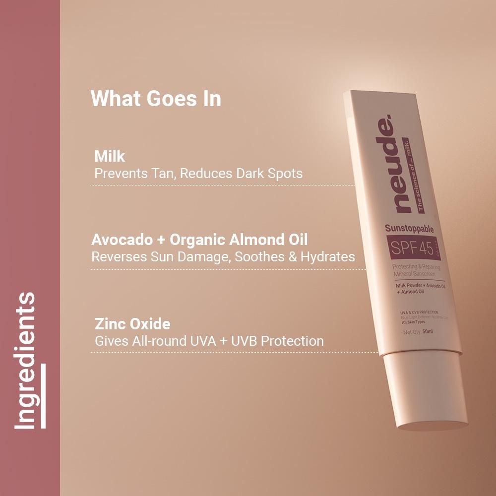 Neude SPF 45 PA+++ Moisturizing Mineral 3-In-1 Sunscreen | Tan Prevention, No White Cast 50 Ml