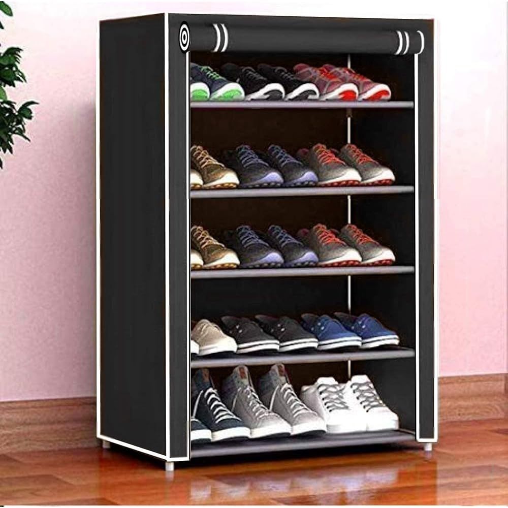 Kuber Industries Non-Woven Foldable 5 Shelves Shelf Shoe Rack for Shoe | Books (Black)