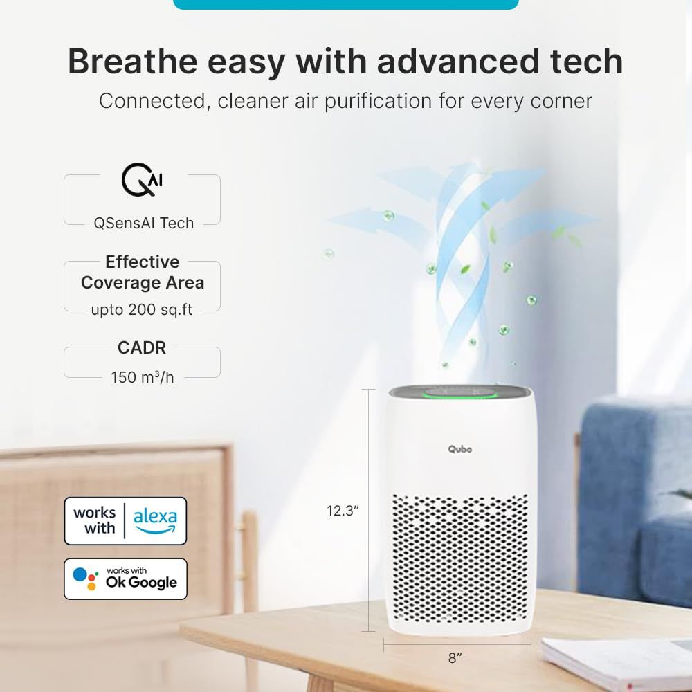 Qubo Smart Air Purifier Q200,Wifi App & Voice Control,Filter Life 9000 Hrs,Coverage 200 Sqft