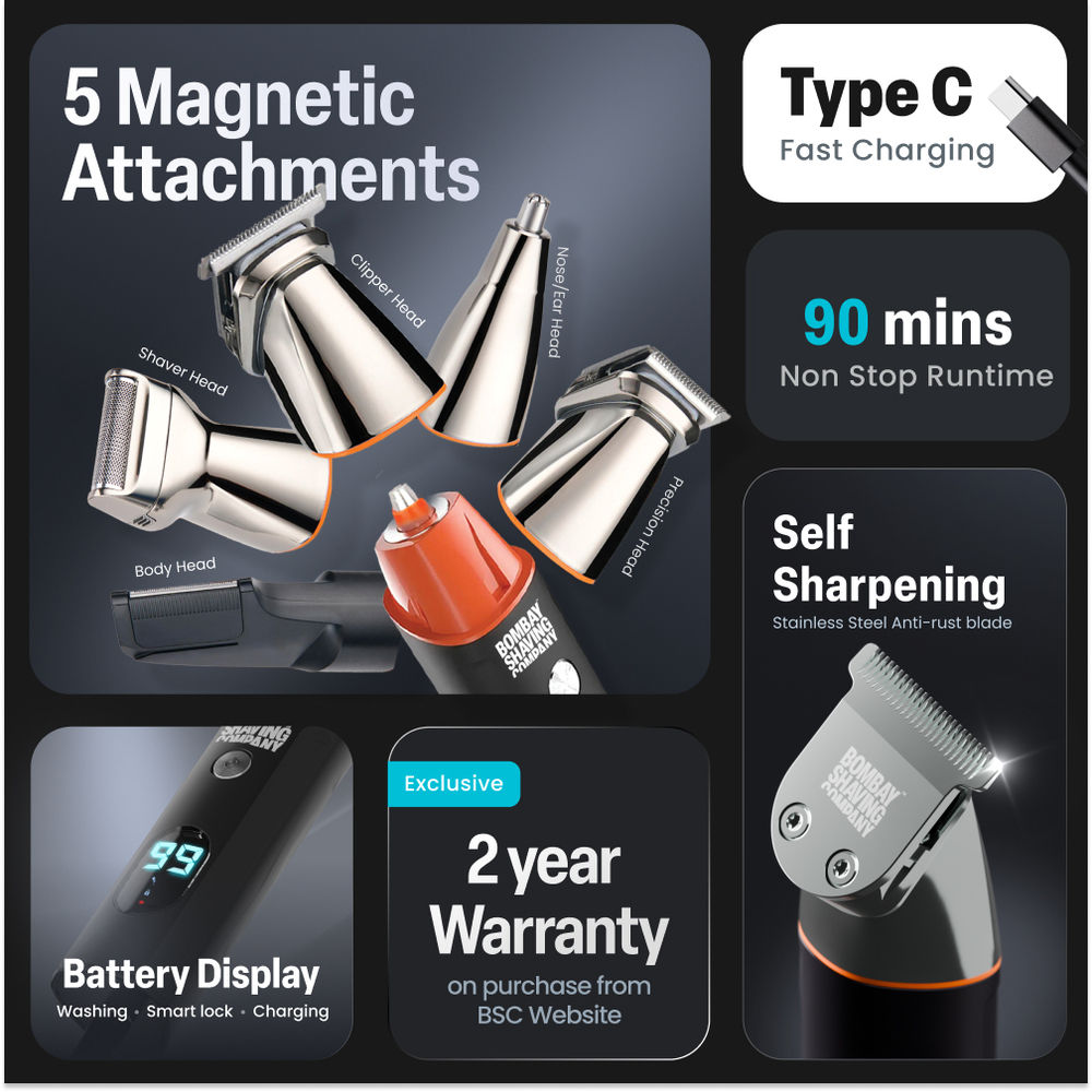 Bombay Shaving Company Full Body Trimmer | 5-in-1 Magnetic Attachments | LED screen | Multi Length Settings Combs