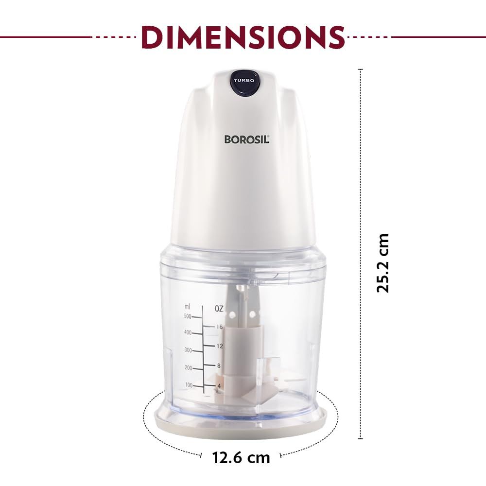 Borosil Chef Delite 260W Electric Chopper For Kitchen with Turbo Speed Option, Whisking Blade Cream