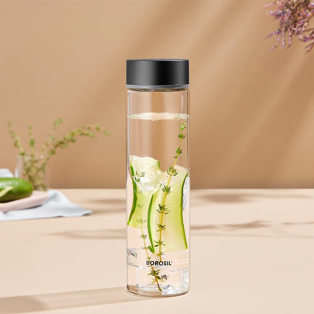 Borosil 550 ml Neo Water Bottle with Stainless Steel Lid, Borosilicate Glass Bottle for Fridge