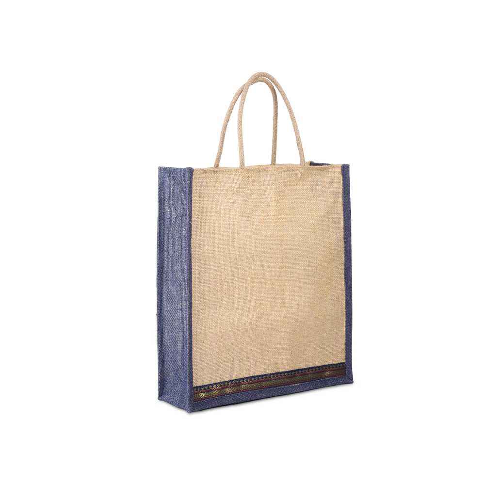 Navum Unisex Solid Jute 2 L Double Strap Jute Bag | Beige and Blue - XL