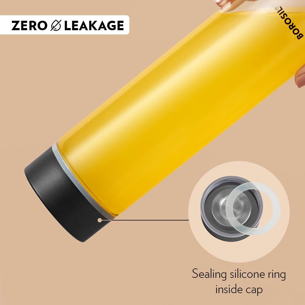 Borosil 550 ml Neo Water Bottle with Stainless Steel Lid, Borosilicate Glass Bottle for Fridge