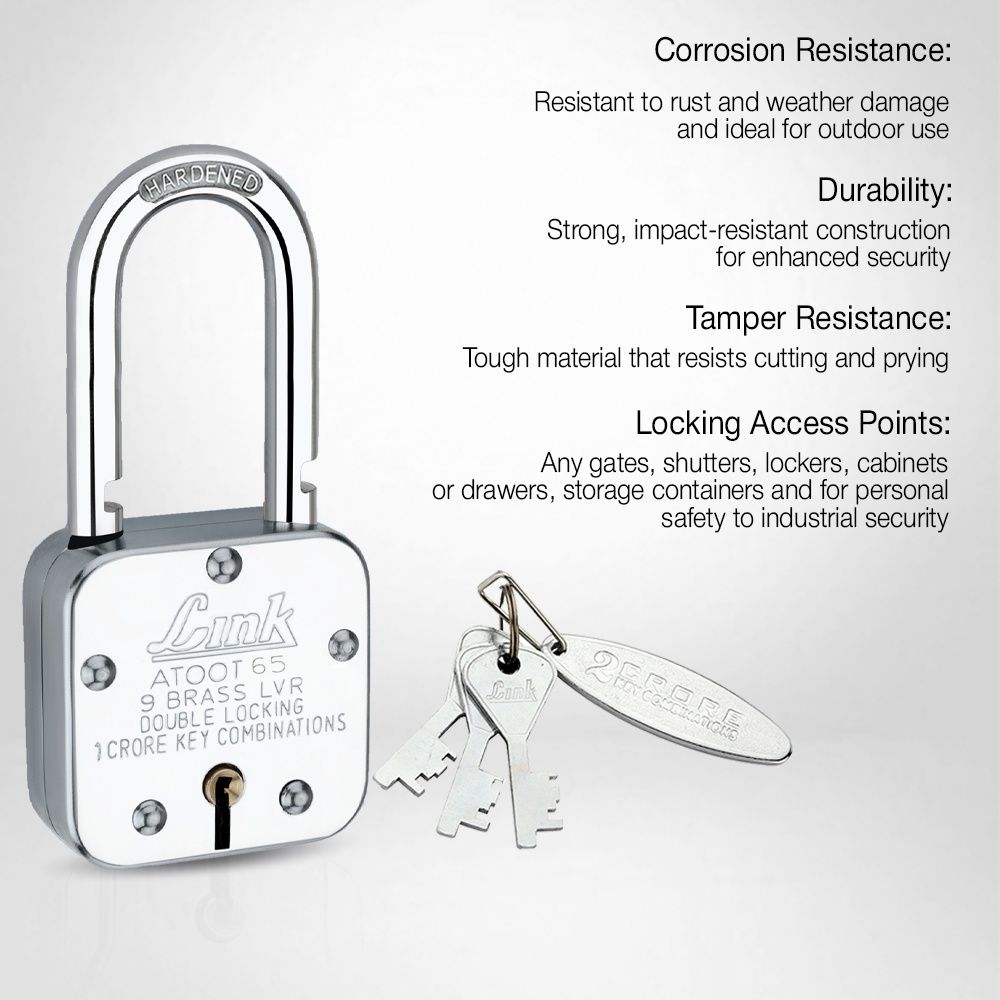 Link Stainless steel Brass Levers With Long Hardened Shackle Atoot 65 LS mm padlock with 3 Keys