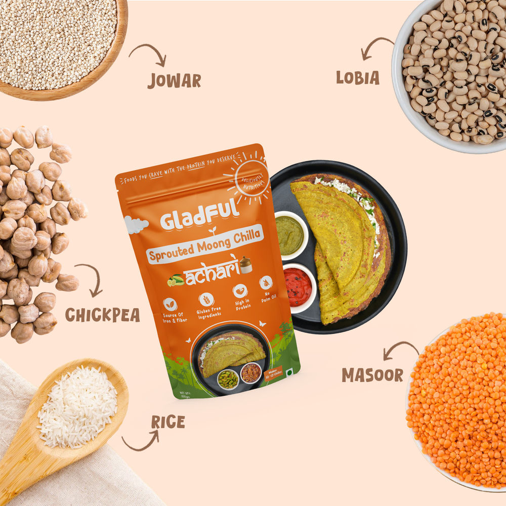 Gladful Beetroot Protein Sprouted Lentils and Millets Instant Chilla Mix(200gms), Gladful Spinach Protein Sprouted Lentils and Millets Instant Chilla Mix(200gms) & Gladful Achari Instant Chilla(200gms) Combo