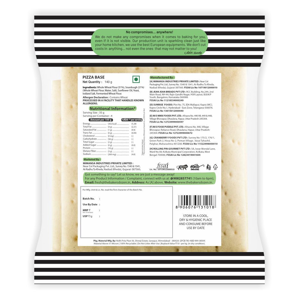 The Baker's Dozen Zero Maida Pizza Base No Palm Oil No Preservative 100% Wholewheat