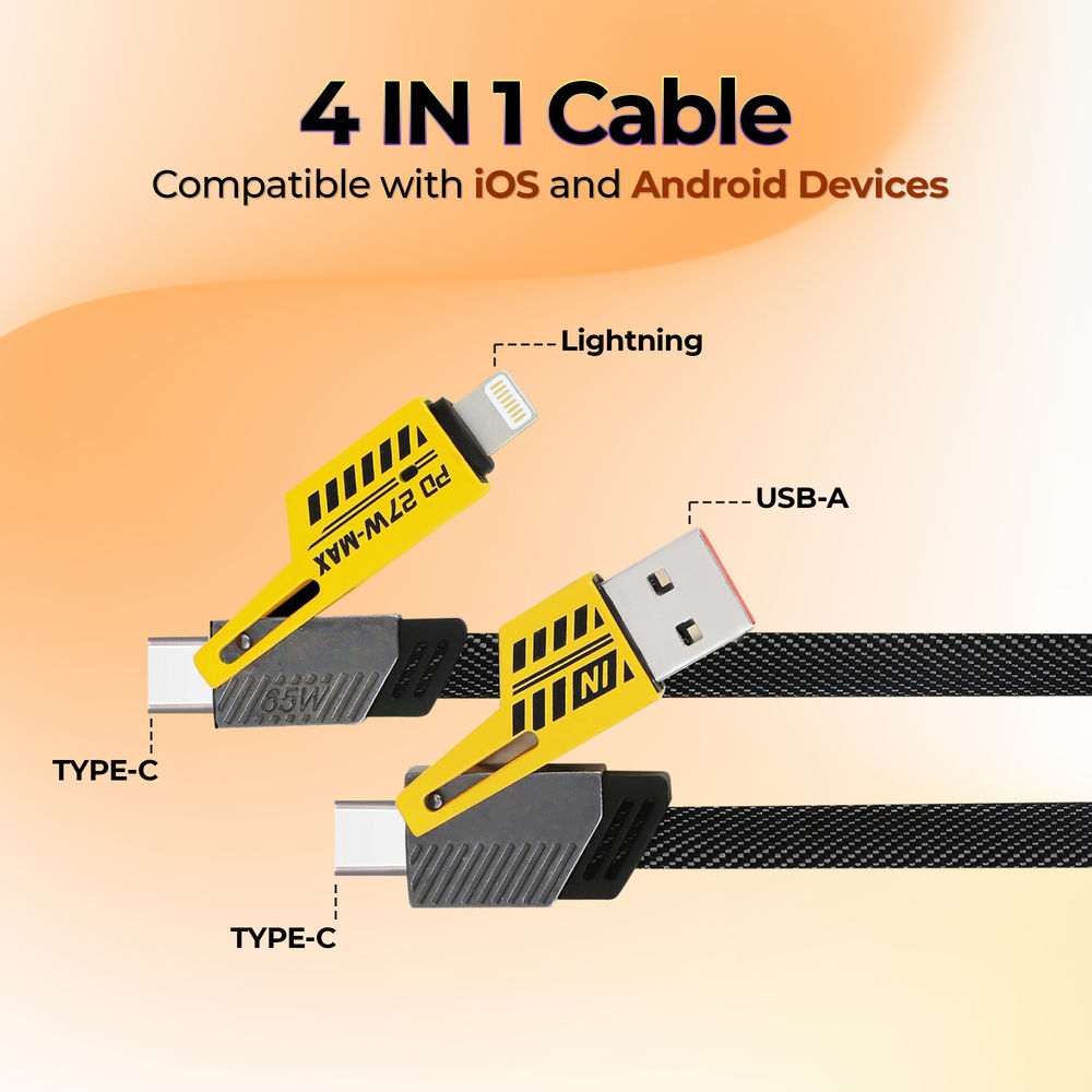 Gizmore 4 in 1 Multi Fast Charging Cable 65W| USB C to C| Lightning & Type C for iPhones| Android