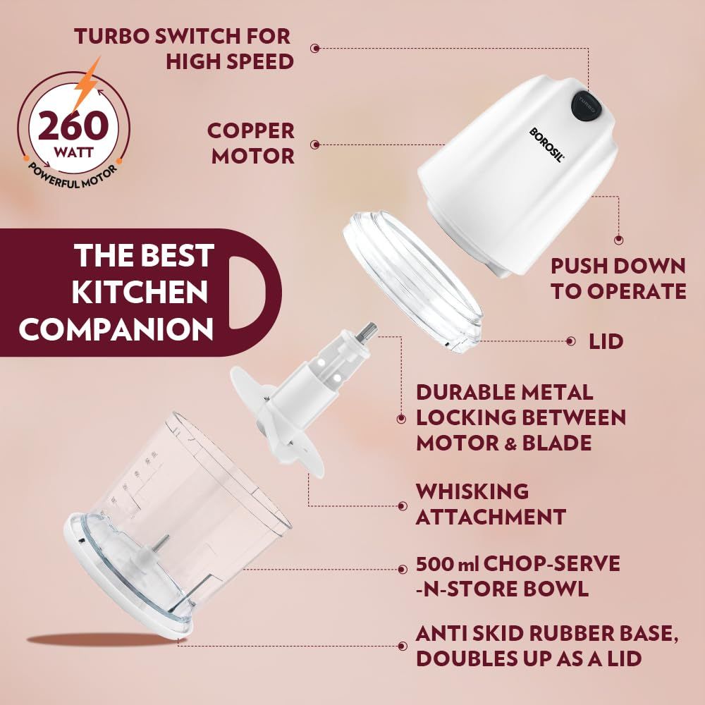 Borosil Chef Delite 260W Electric Chopper For Kitchen with Turbo Speed Option, Whisking Blade Cream
