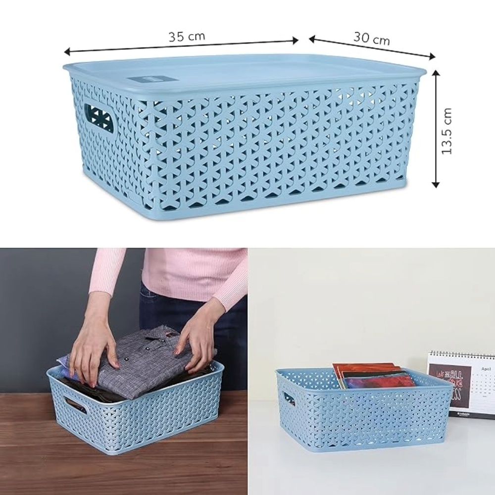 Kolorr Premium Elite Medium Size Rectangular Storage Baskets With Lids Pack Of 2- Mint Green