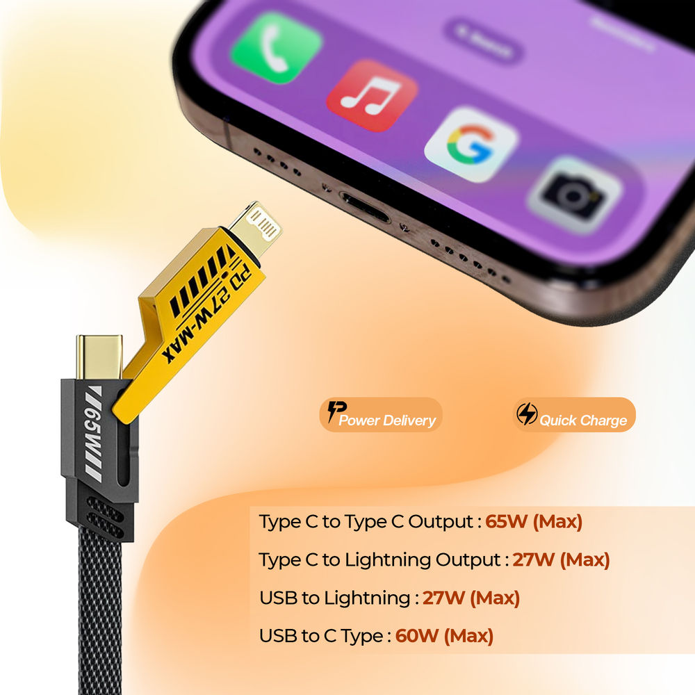 Gizmore 4 in 1 Multi Fast Charging Cable 65W| USB C to C| Lightning & Type C for iPhones| Android