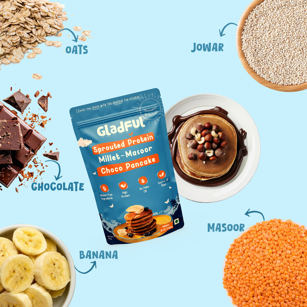 Gladful Strawberry Pancake Jowar And Oats Mix(150gms) & Gladful Choco Pancake Sprouted Millets And Masoor Mix(150gms) Combo