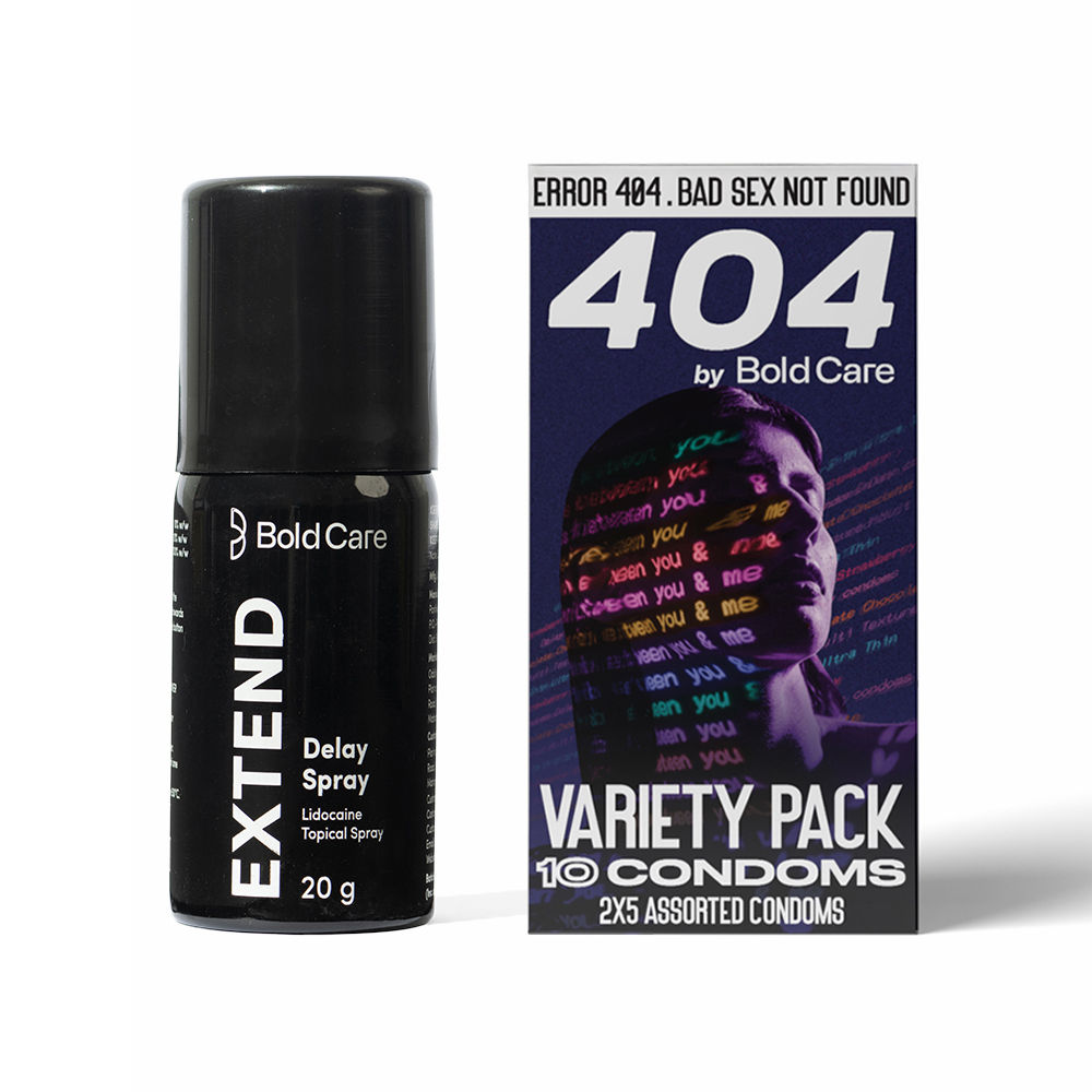 Bold Care Extend Delay Spray With Lidocaine 10% (20g) & Bold Care 404 By Variety Pack Condoms - Ultra Thin, Multi-Textured, Nano Thin, Chocolate Flavour, & Strawberry Flavoured Condoms (10pc) Combo