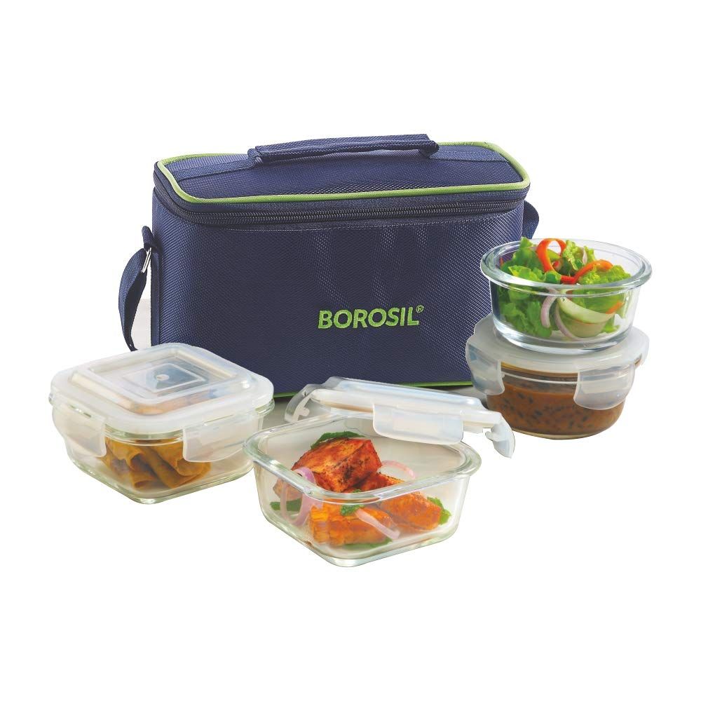 Borosil Klip n Store Universal Lunchbox, Set of 4 (320ml x 2 Square + 240ml x 2 Round)