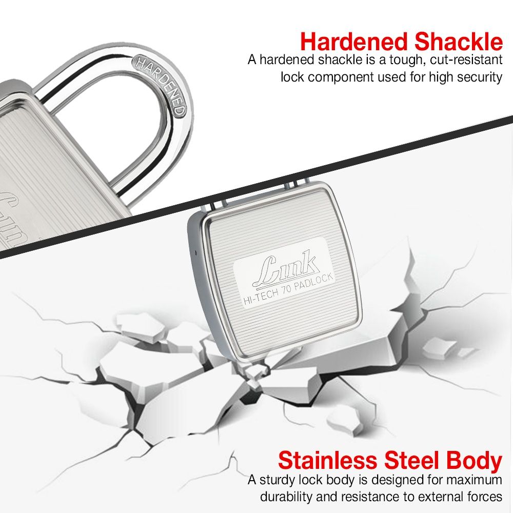Link Stainless Steel Hi-Tech HT-70mm Lock with Hardened Shackle & 3 Keys