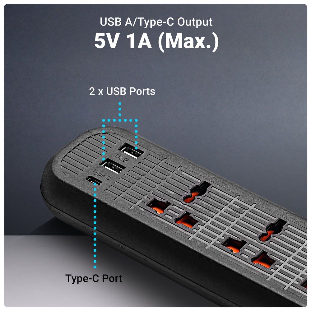 Zebronics Power Bar 145 | 2000W | 1 x Type C Port | 4 x Universal Socket | 2 x USB Port | 5 m