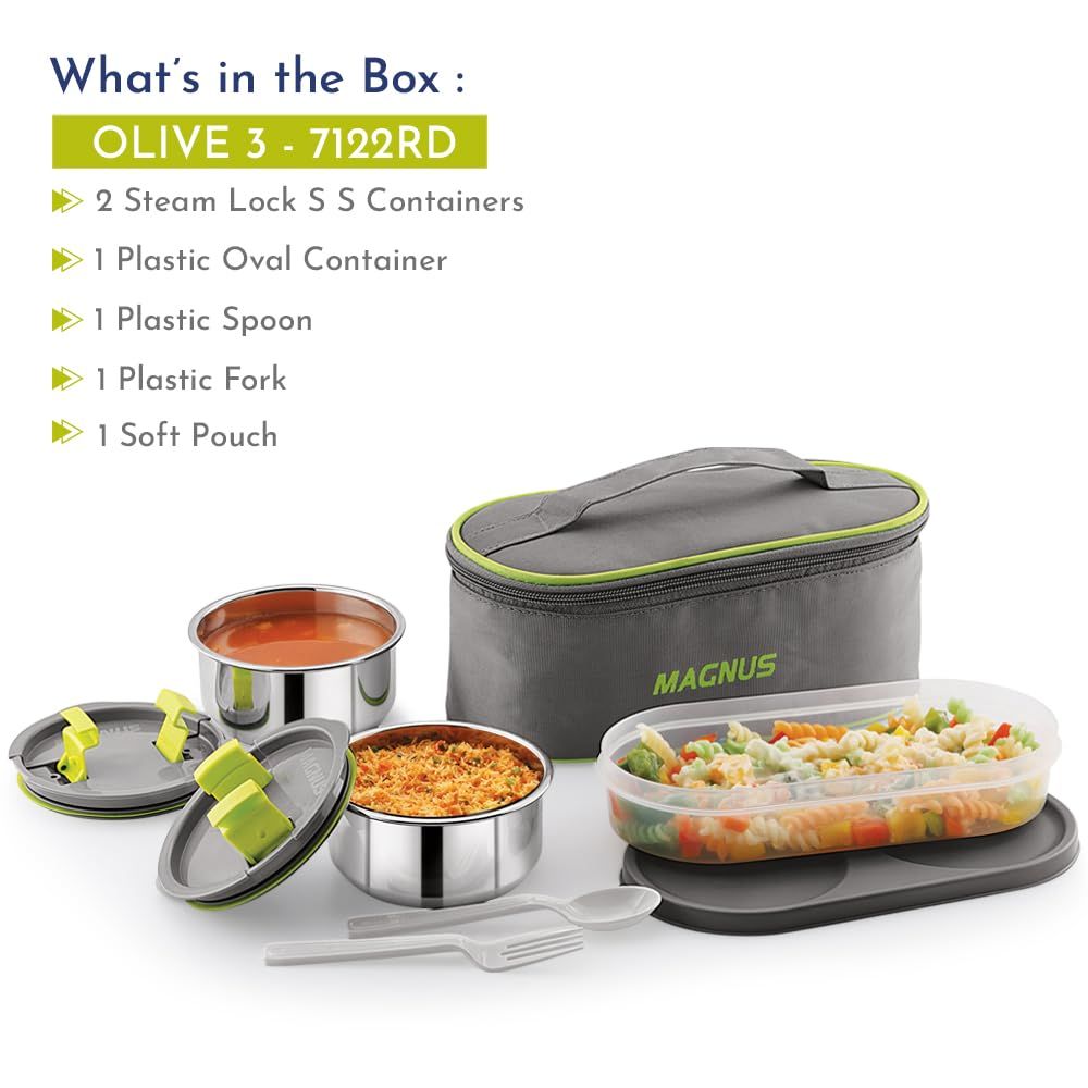 Magnus Olive 3 Lunch Box Set Leak-Proof Steel Containers for School with Insulated Bag (950 ml)