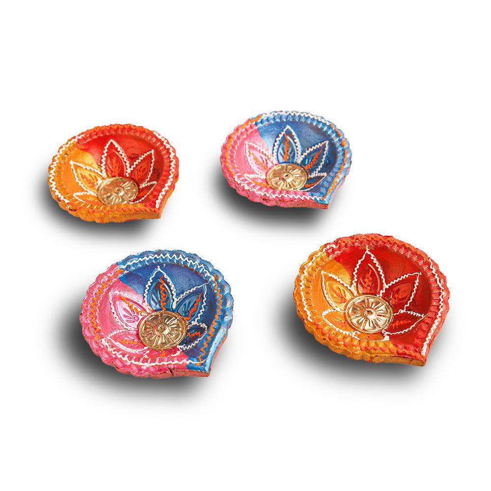 Shruti Creations In Flower Decorative Clay Diya - Set Of 4