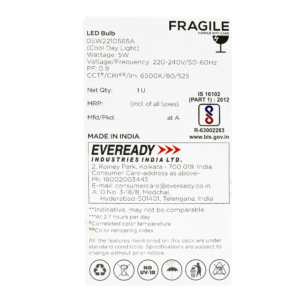Eveready 5 W LED Bulb Cool Day White | 6500K | B22 Base Holder