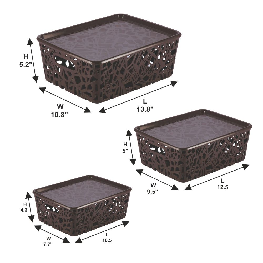 Flair Zig Zag Brown Multi Purpose Storage Basket With Lids Set Of 3 pcs
