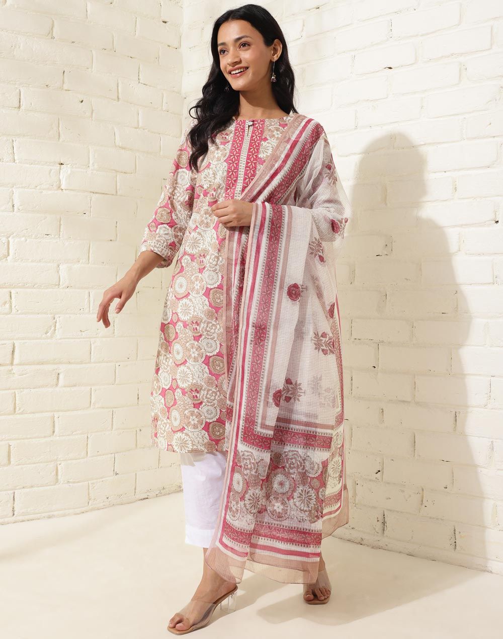 Fabindia Women's Dupatta & Kurta Set Printed | Pink - S