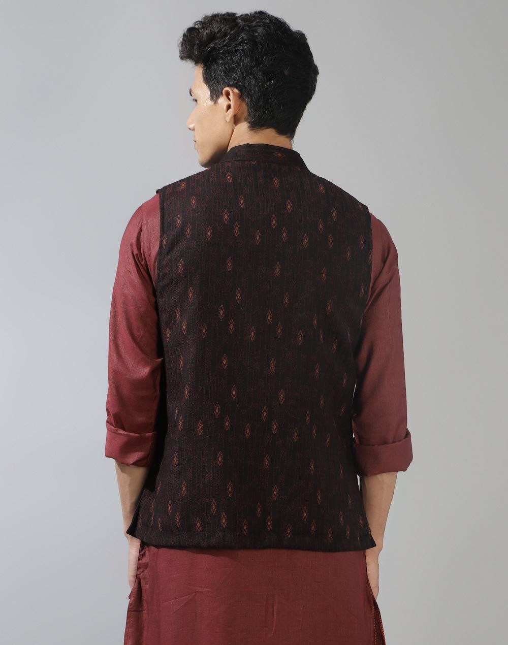 Fabindia Men's Nehru Jacket Wool Woven | Black - M