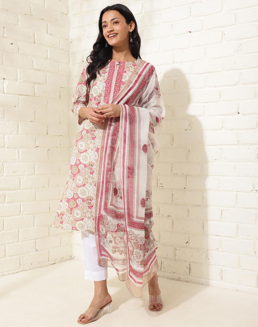 Fabindia Women's Dupatta & Kurta Set Printed | Pink - S