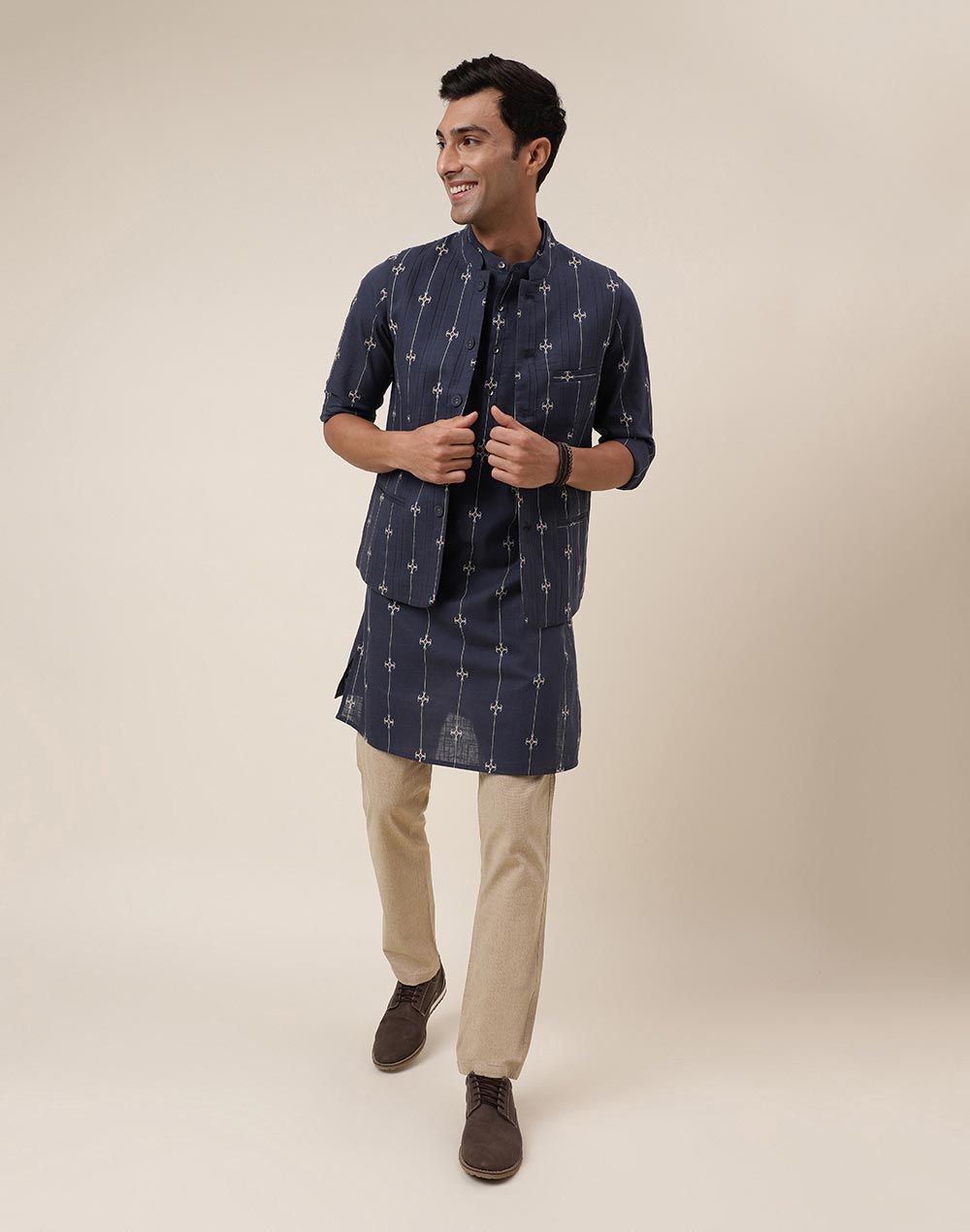 Fabindia Men's Nehru Jacket Cotton Printed | Grey - S