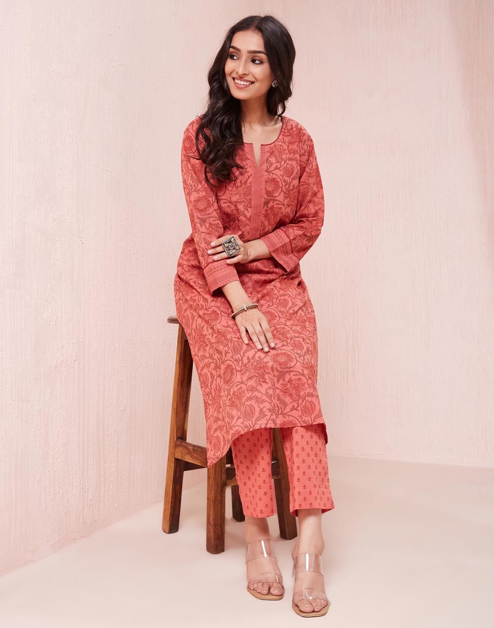 Fabindia Women's Kurta & Pant Set Printed | Orange - L