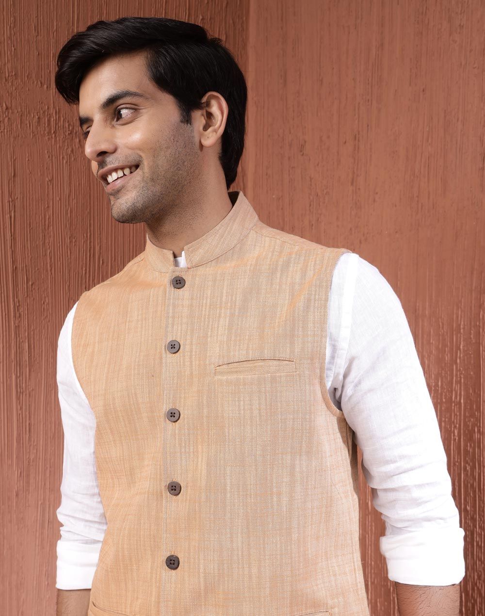 Fabindia Men's Nehru Jacket Hand Block Printed | Beige - L