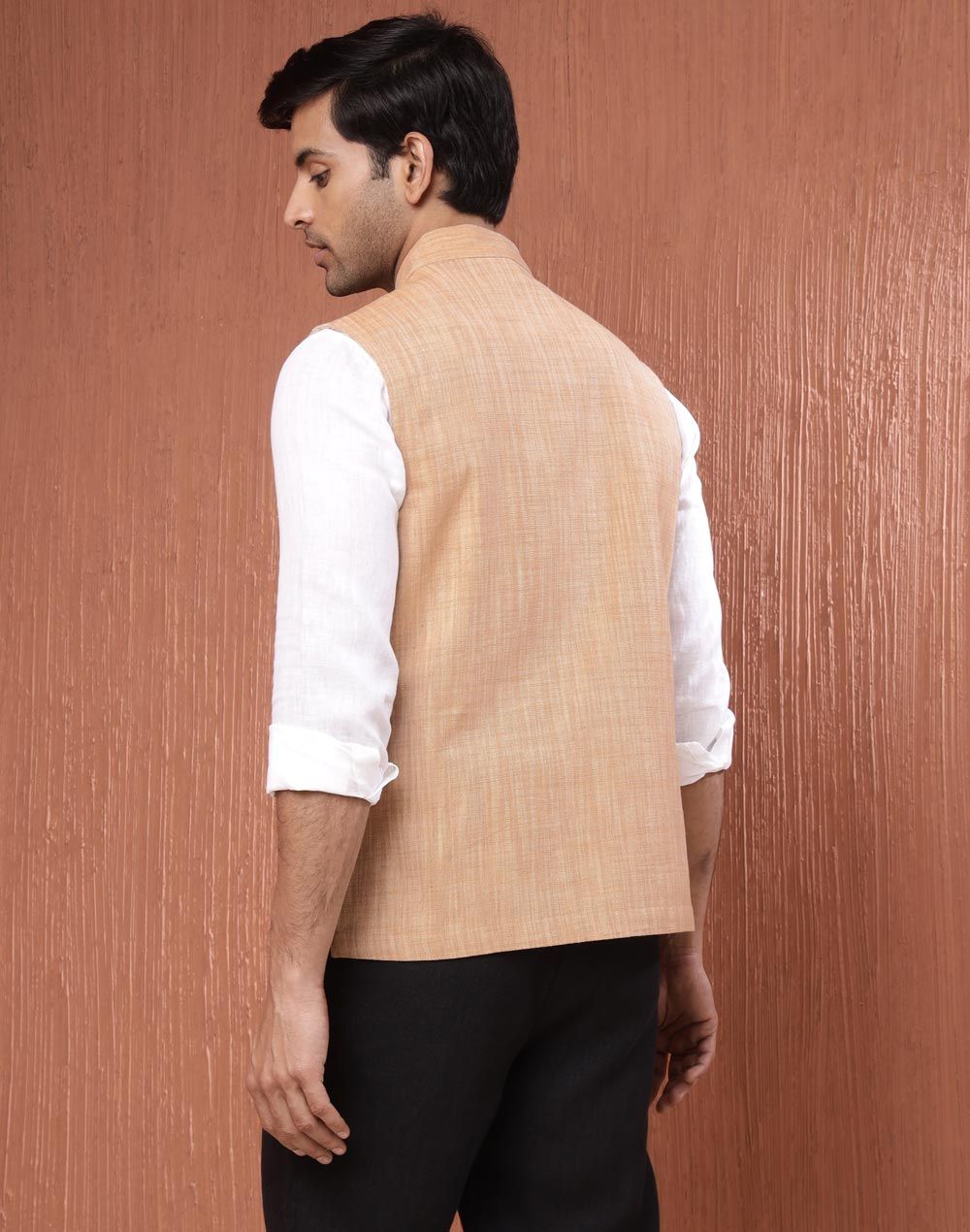 Fabindia Men's Nehru Jacket Hand Block Printed | Beige - L