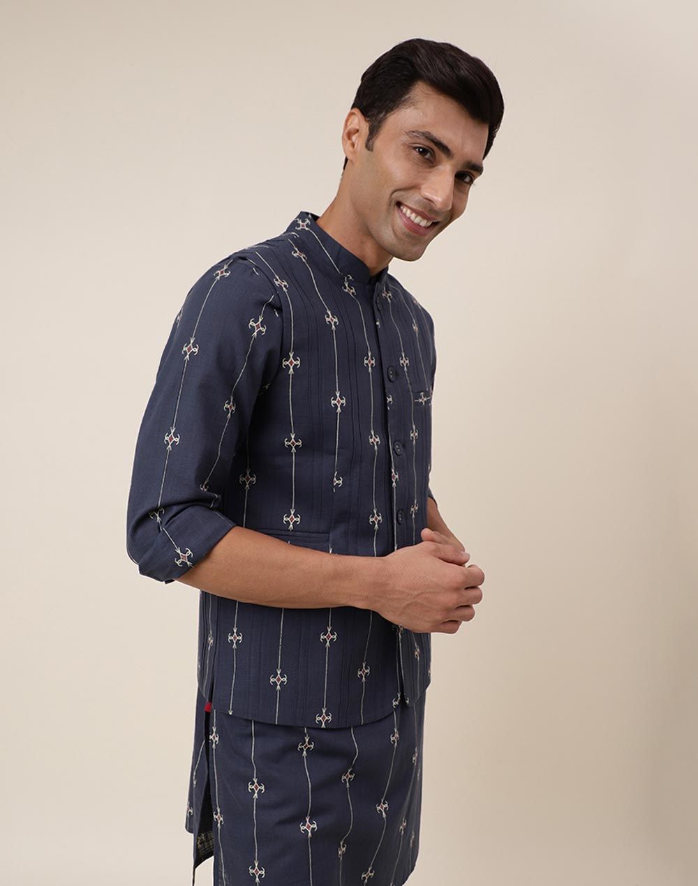 Fabindia Men's Nehru Jacket Cotton Printed | Grey - S