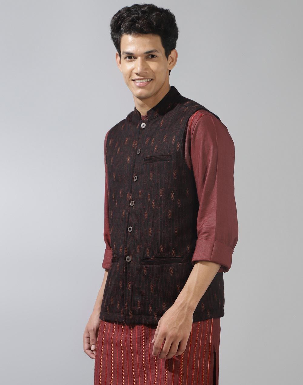 Fabindia Men's Nehru Jacket Wool Woven | Black - M