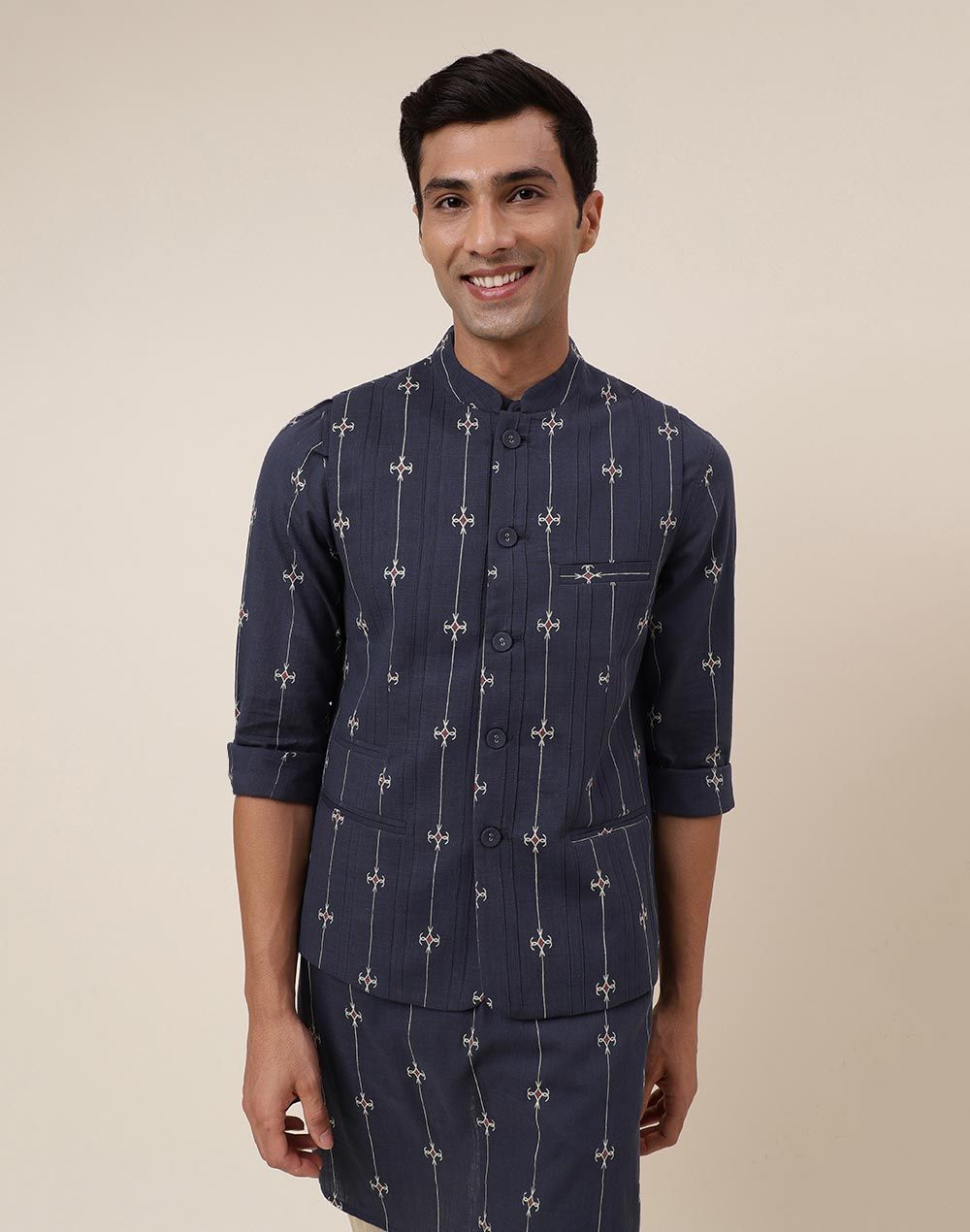 Fabindia Men's Nehru Jacket Cotton Printed | Grey - S