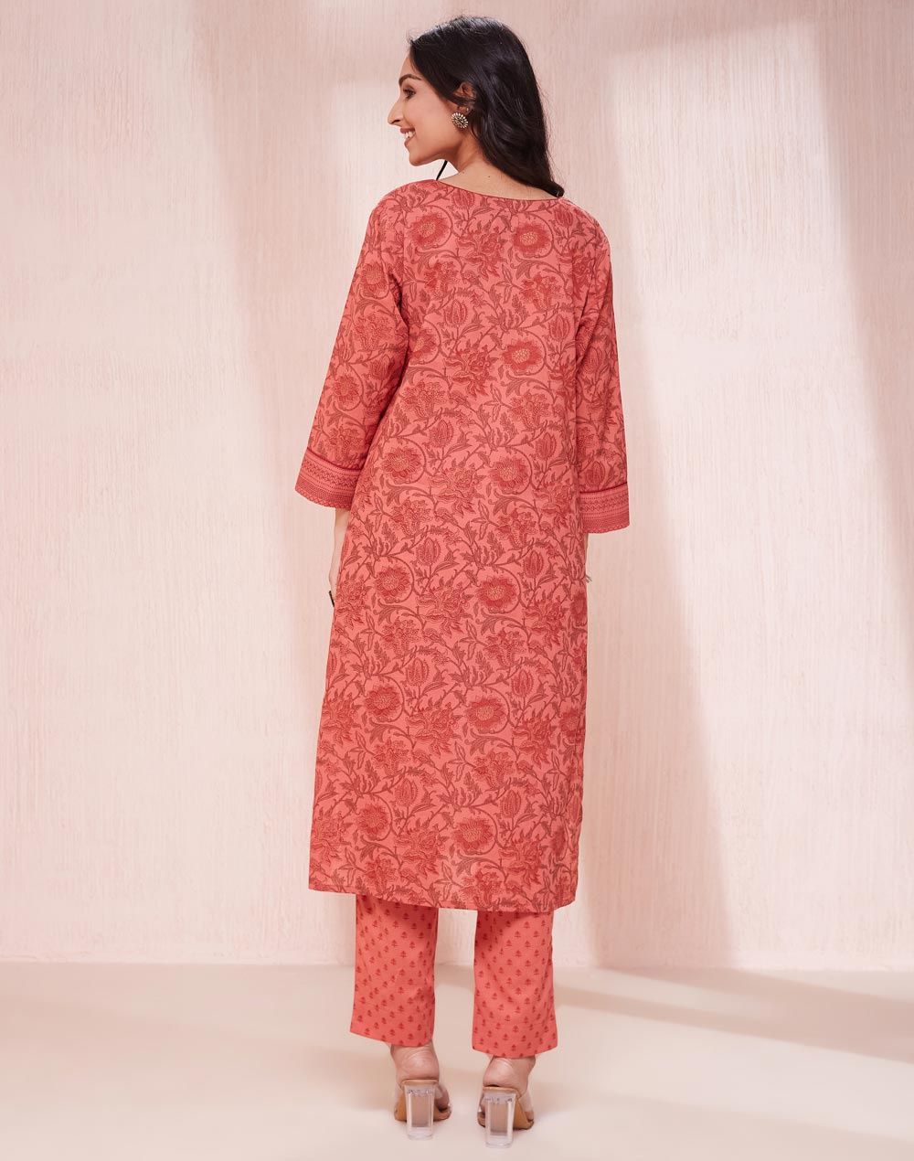 Fabindia Women's Kurta & Pant Set Printed | Orange - L