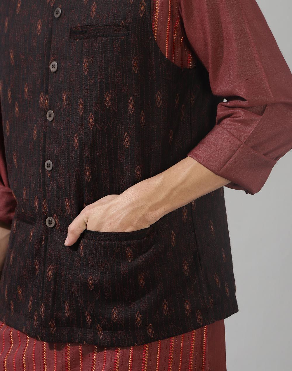 Fabindia Men's Nehru Jacket Wool Woven | Black - M