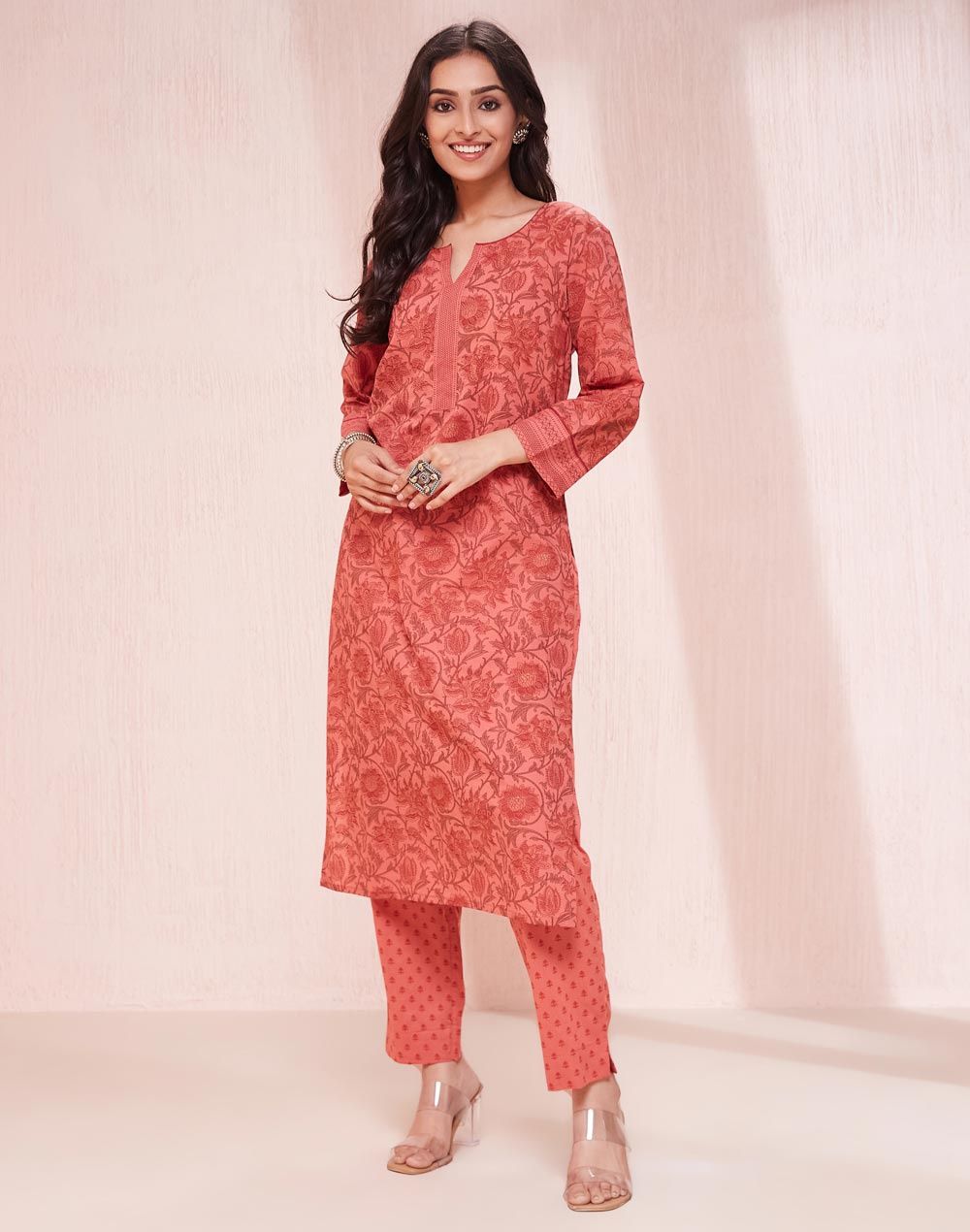 Fabindia Women's Kurta & Pant Set Printed | Orange - L