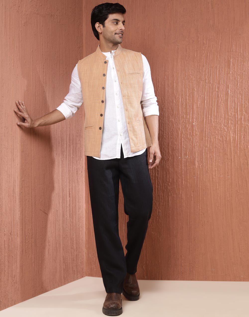 Fabindia Men's Nehru Jacket Hand Block Printed | Beige - L