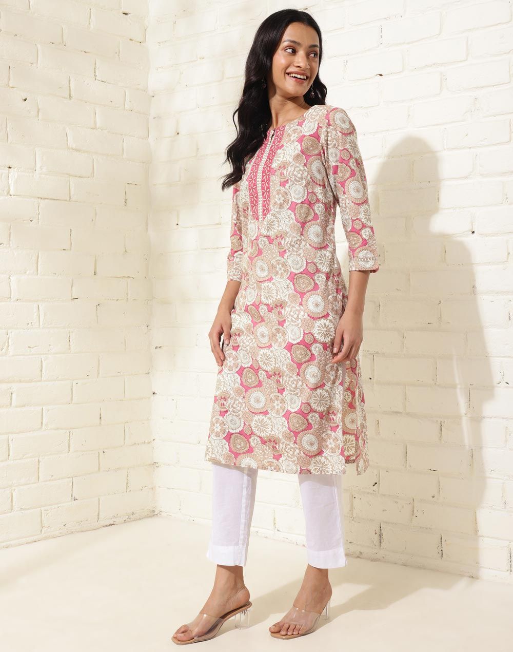 Fabindia Women's Dupatta & Kurta Set Printed | Pink - S