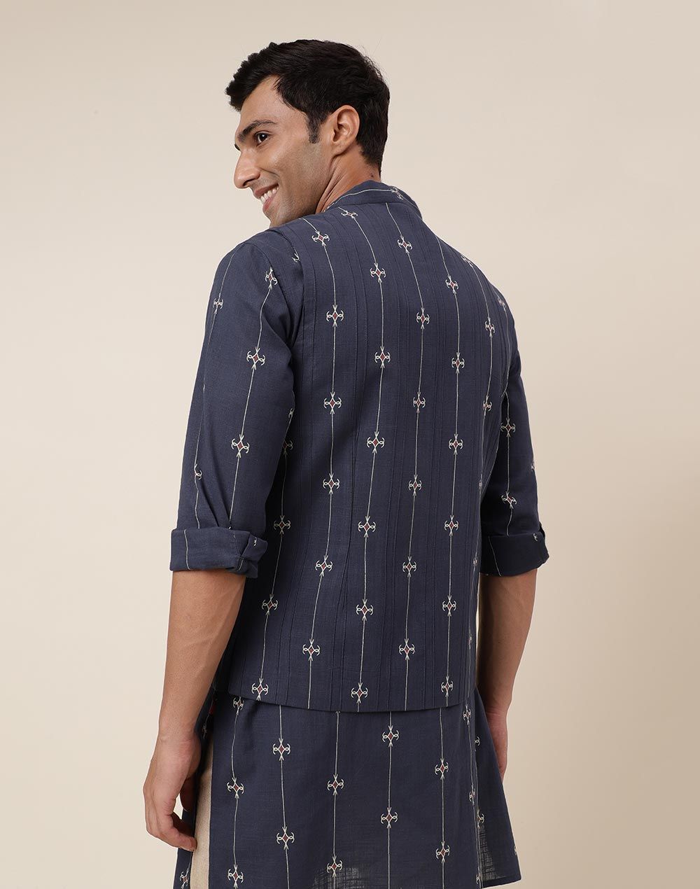 Fabindia Men's Nehru Jacket Cotton Printed | Grey - S