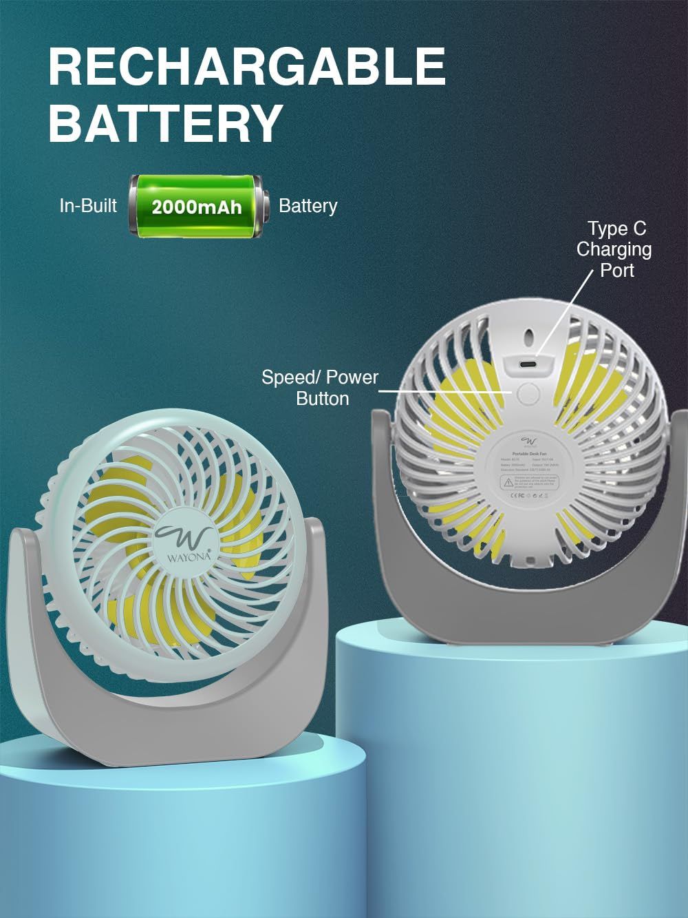 Wayona Chill Blast 110mm Rechargeable Fan|3 Speed modes,360 Degree Adjustable|200MaH|White