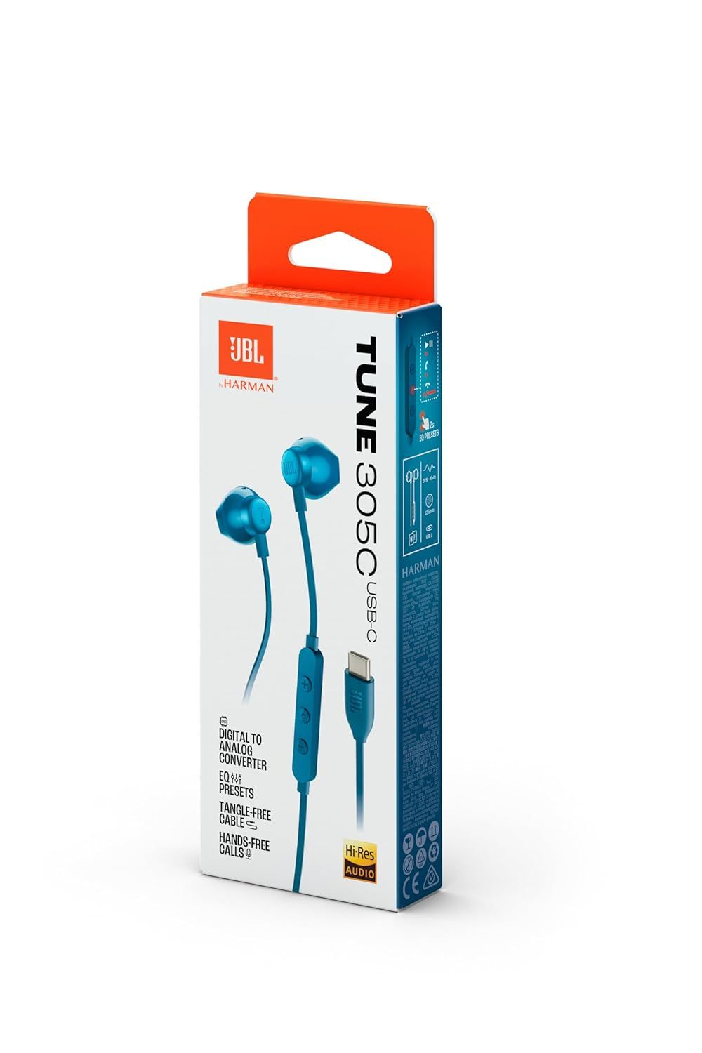 JBL Tune 305 Wired In-Ear Type C Headphones, Hi-Res Audio With Digital-To-Analog Converter (Blue)