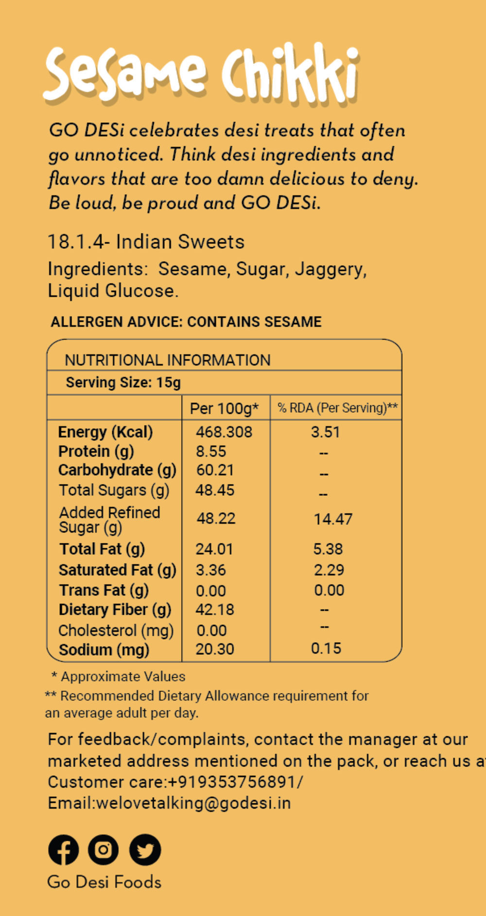 Sesame (Til) Chikki, 30 Pcs, By GO DESi