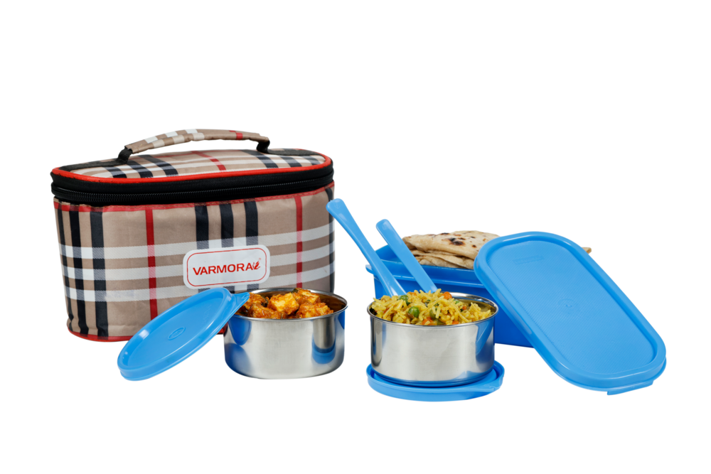 Varmora SS Duo Lunch Box- Blue-3 Storage Containers with spoon and fork