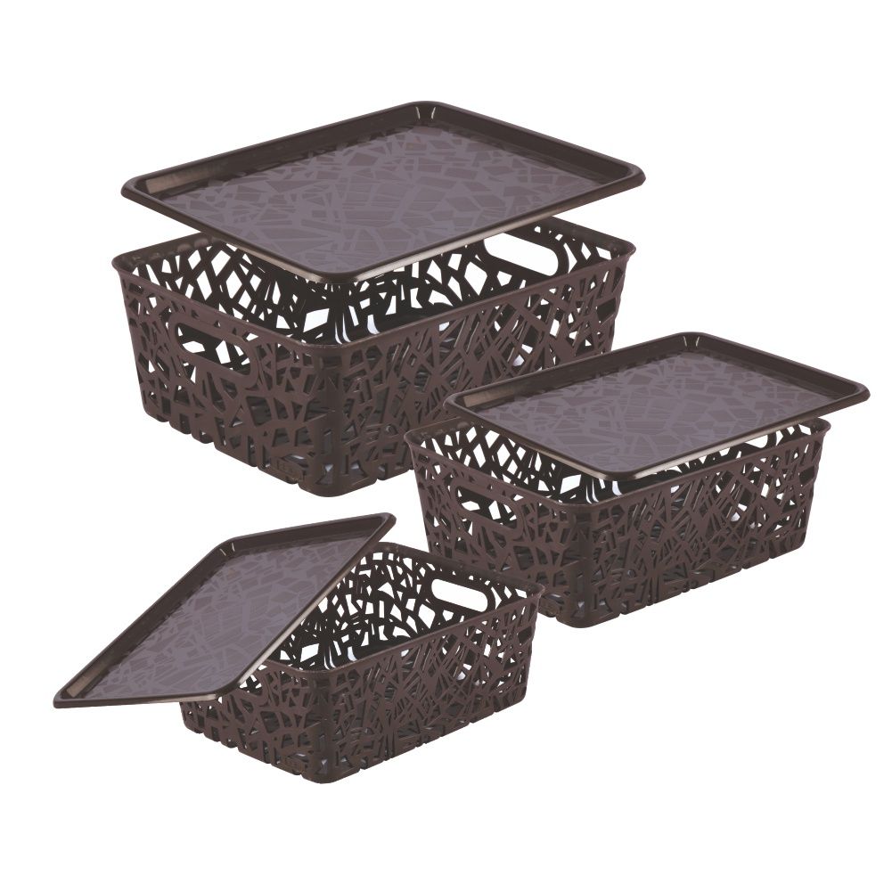 Flair Zig Zag Brown Multi Purpose Storage Basket With Lids Set Of 3 pcs