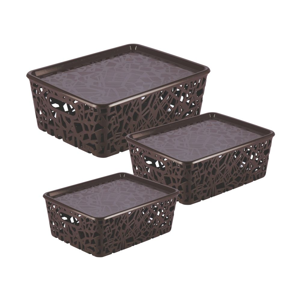 Flair Zig Zag Brown Multi Purpose Storage Basket With Lids Set Of 3 pcs