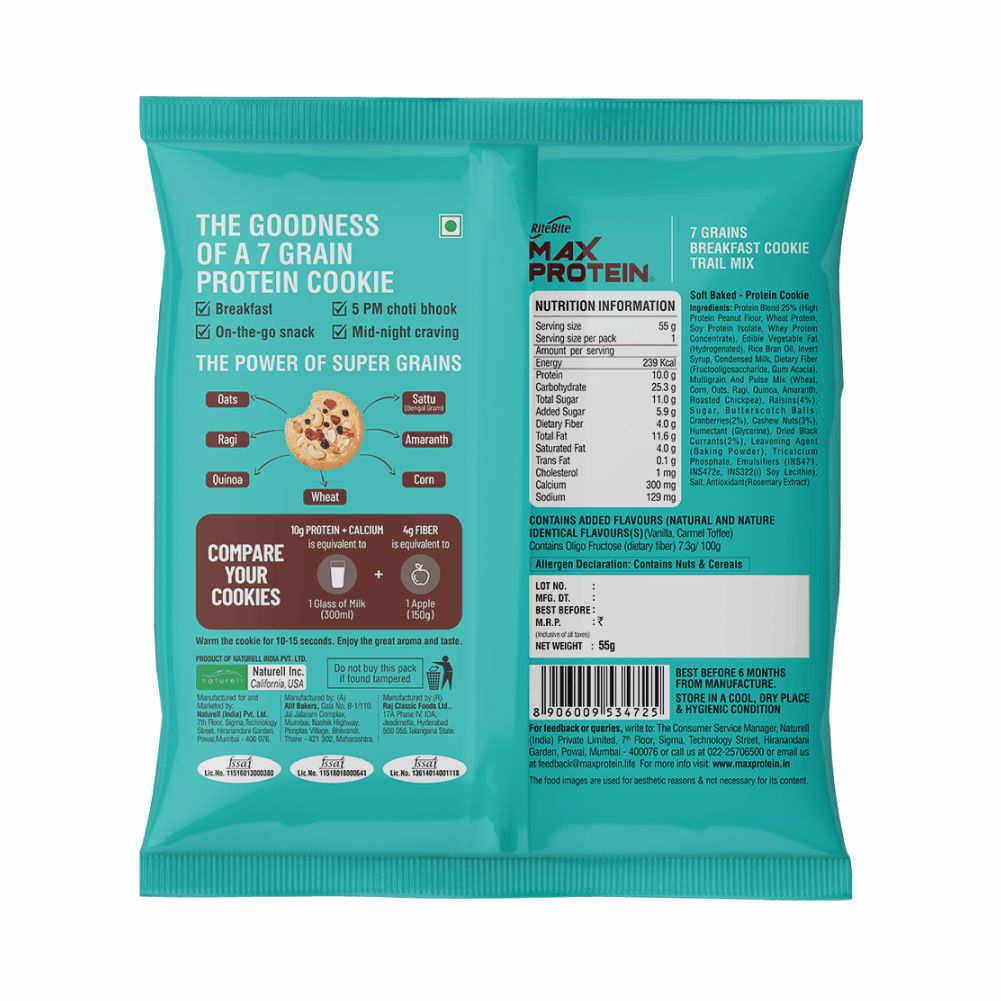 Ritebite Max Protein Trail Mix Cookies With No Maida And 7 Grains, Loaded With Protein 55 g Combo