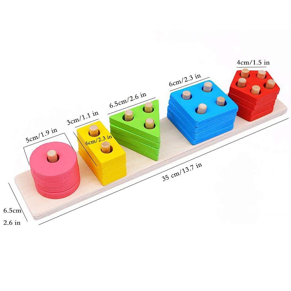 Toyshine Wooden Angle Geometric Blocks Stacker Shape Sorter Column Puzzle Stacking Set - 5 Column